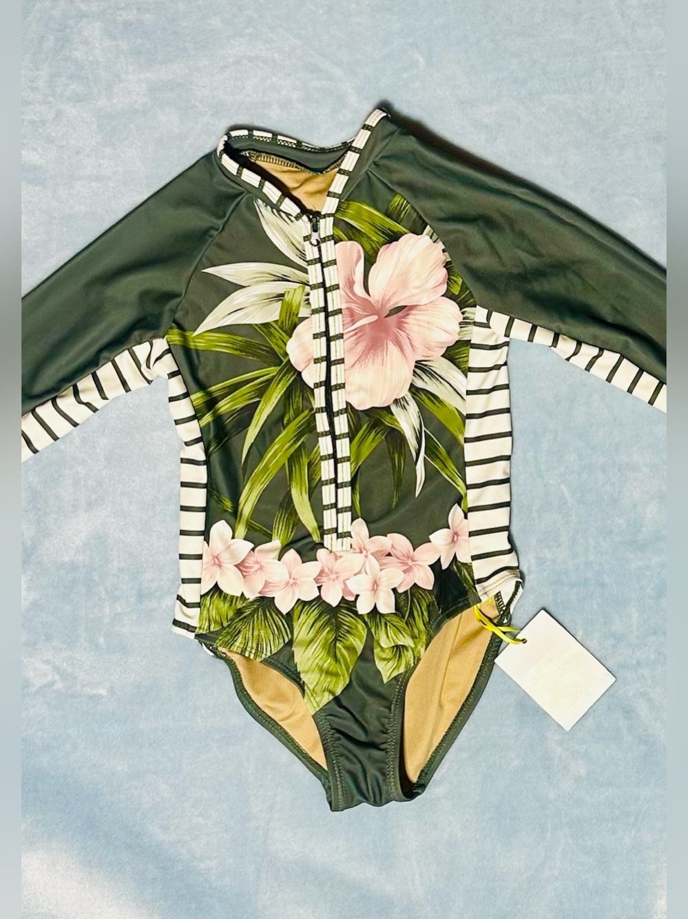 Girls Long Sleeve Tropical Floral Striped Rash Guard Swimsuit Size: 4/5